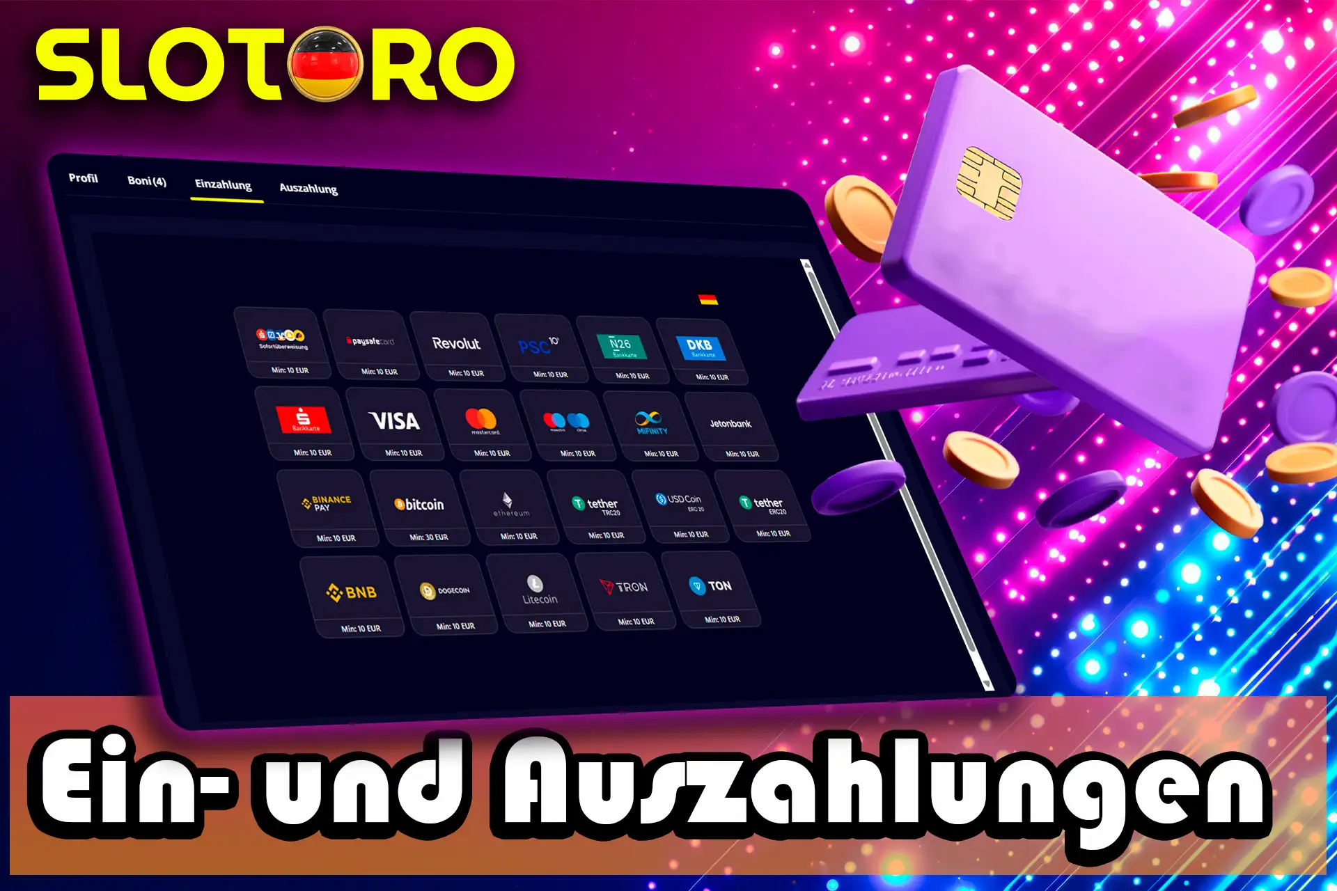 Slotoro bietet verschiedene Zahlungsmethoden an.